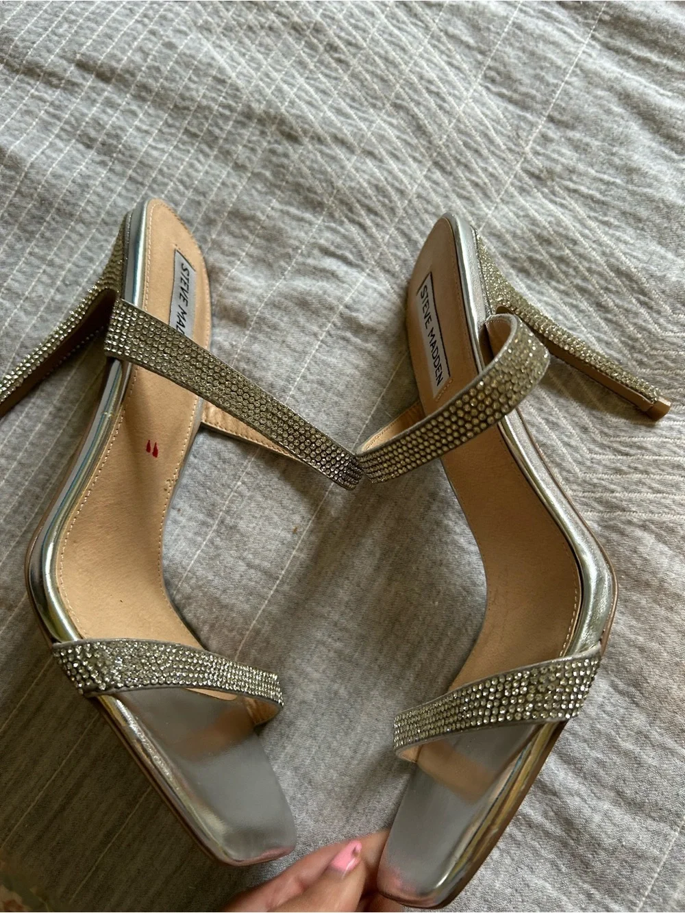 Steve Madden Vacate Silver Rhinestone Stiletto Sandals Square Toe Heels  9.5